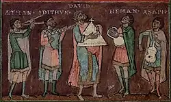 Circa 1050 A.D., Germany. Detail from Heidelberg Psalter. Double pipes, cymbala (bells), psaltery, rotte, viola.