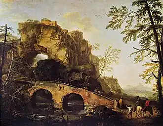 Landscape with a Bridge (1645–49), oil on canvas, 106 x 127&nbsp;cm., Galleria Palatina
