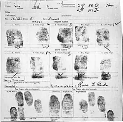 A scan of Rosa Parks's fingerprint card.