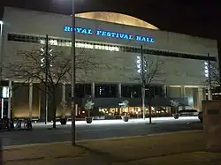 Rear facade at night seen from Concert Hall Approach, March 2010