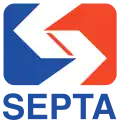 Angled white "S" with the word SEPTA in blue underneath. The background to the left of the "S" is blue and red on the right.