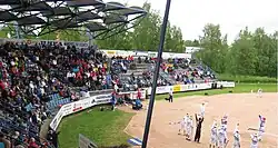 During a pesäpallo match in 2010.