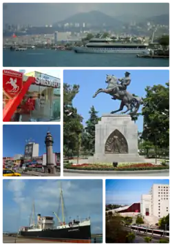 Clockwise from top right: Samsunum-1 ship and coast, Statue of Honor, Atatürk Culture Centre, Bandırma Ferry and National Struggle Park Open Air Museum, Saathane Square, Store 55