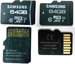 Genuine Samsung microSD (left) and counterfeit (right). The counterfeit claims to have 64&nbsp;GB of capacity, but when trying to write more than 8&nbsp;GB, data loss occurs.
