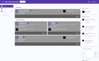 A purple themed forum. At the top is a purple bar with the text "SanctionedSuicide" on the left side and log-in and registration buttons on the right side. On the left are buttons for "Forums" (which is selected), "Rules & Info", and "Tickets". There are four sections in the middle which include: "News & Announcements", "Suicide Discussion", "Recovery", and "Offtopic". Various scenes of nature are greyed out, and user icons are blacked out. On the right are sections for "Staff online", "New Threads", "Forum statistics", and "Donations".