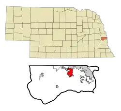 Location of Papillion within Nebraska and Sarpy County