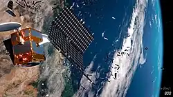 Image 42Illustration of a satellite breaking up into multiple pieces at higher altitudes (from Space debris)