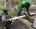 Sawing a board to length for a boardwalk