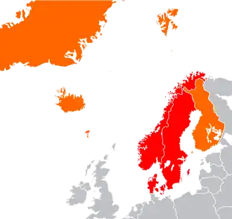Nordic countries (orange and red) and Scandinavian countries (red)