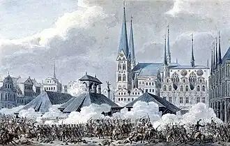 Print of the Battle of Lübeck, showing the fighting in the Market square with St. Mary's Church in the background