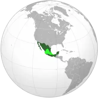 Territory administered (light green) and territory claimed (dark green) by the Second Mexican Empire in April 1864, when Maximilian accepted the throne.
