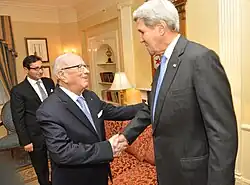 Essebsi with US Secretary of State John Kerry in September 2016 in New York City.