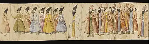 Illustration of a procession, on the right are 8 turbaned men carrying axes, at the center is a man with a long cap and a walking stick, on the left are 8 men wearing long caps holding either swords or sticks