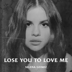 A black-and-white photo of Gomez with the song's title in front of her