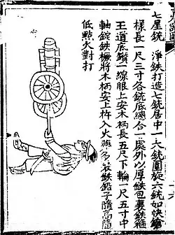 A seven barreled organ gun with two auxiliary guns by its side on a two-wheeled carriage. From the Huolongjing.