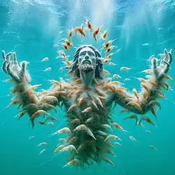 A statue of a man, waist up, submerged underwater and covered in bright orange shrimp. There is a halo of shrimp above his head.