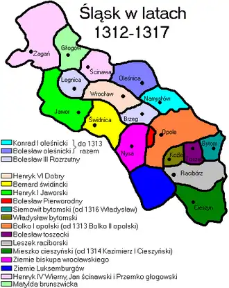 Jawor Duchy (in light green) is reduced to its original size in 1312.