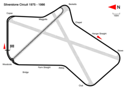 1975 to 1986: with the Woodcote Chicane in place to reduce speeds through Woodcote Corner. Track length: 4.718&nbsp;km. Lap record: Keke Rosberg, Williams-Honda, 1:05.591 (1985 British Grand Prix).