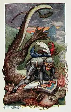 Sir Calidore overthrows the Blatant Beast. Illustration for The Gateway to Spenser - Stories from the Faërie Queen (1910)