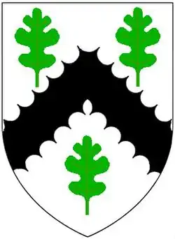 Arms of Smithson of Stanwick, Yorkshire (ancient): Argent, a chevron engrailed sable between three oak leaves erect slipped vert[27]