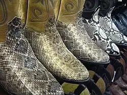 Five pairs of cowboy boots in a row facing half-right, all having snake-skin uppers. The first three pairs have uppers of gray and tan scales and ankle pieces of ecru colour. The last two pairs have uppers with prominent black and white diamond shaped scale patterns and navy blue ankles.