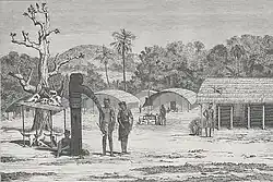 A Santhal hamlet in the Rajmahal Hills, illustrating houses, elephant deities, and sacrificial head trophies, Louis Rousselet (c. 1864&nbsp;– c. 1868 observation; pub. 1875).