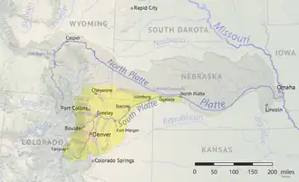 Map of the South Platte River watershed in Colorado from North Platte, Nebraska
