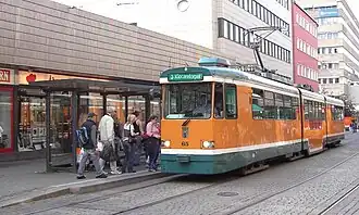 A Duewag M97 tram at Söder Tull, as it leaves the city centre on Line 3 service