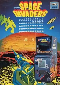 Portrait artwork depicting a barren alien planetscape with a large cannon at the bottom. Superimposed on the artwork is screenshot of Space Invaders' gameplay and an image of the arcade cabinet. In the top right corner is a "Taito Taitronics" logo.