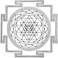 A diagramic drawing of the Sri Yantra, showing the outside square, with four T-shaped gates, and the central circle