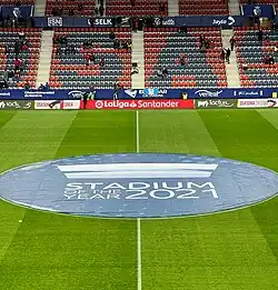 Stadium of the Year banner at El Sadar Stadium before the award ceremony on April 20, 2022