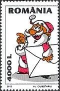 Romania 2003 featuring Santa Claus-like figure and a large envelope