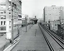 The platform of an elevated rapid transit station, with buildings on both sides