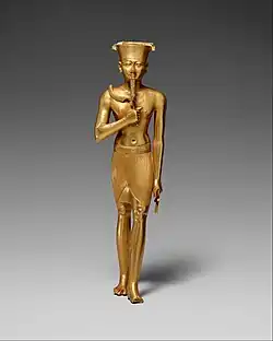 Statuette of Amun; 945–715&nbsp;BC; gold; 17.5 × 4.7&nbsp;cm; Metropolitan Museum of Art (New York City)