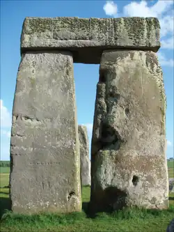 A trilithon at Stonehenge, showing a lintel stone supported by two large post stones