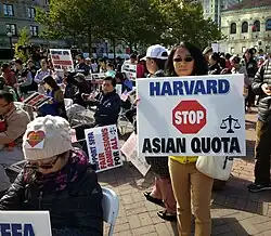 A protest in Boston's Copley Square on October 14, 2018, to support the lawsuit from Students for Fair Admissions against Harvard