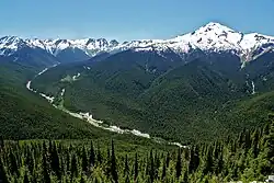A view from a high ridge over a sweeping forested river valley through mountainous terrain