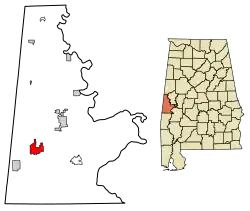 Location of York in Sumter County, Alabama.