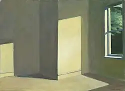 Painting of Sun in an Empty Room by Edward Hopper showing sunlight entering an empty room through a window, casting light and shadows on two walls and the floor