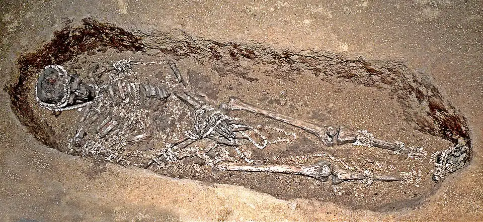 Skeleton in a burial pit, covered in ivory beads
