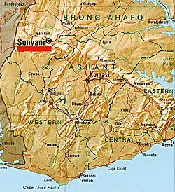 Detailed map showcasing the location of Sunyani in Bono, Ghana (1995)