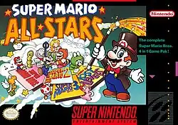 The Super Mario All-Stars box art depicts Mario, dressed as a magician, showcasing panels with the games' titles. Around the panels are elements from the included games, such as Mario wearing various suits, Luigi, Toad, Princess Toadstool, and enemies. In the upper left corner, the game's logo is shown in white and yellow text. The Super Mario All-Stars artwork is surrounded by the SNES box art template.