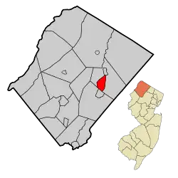 Location of Franklin in Sussex County highlighted in red (left). Inset map: Location of Sussex County in New Jersey highlighted in orange (right).