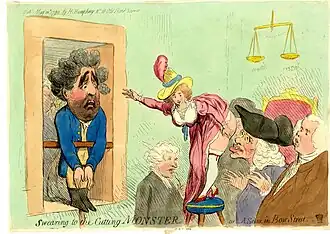 A woman in court, bent over to show her wounded buttocks to the court; the men look on lasciviously