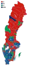 Votes by municipality. The municipalities are the color of the party that got the most votes within the coalition that won relative majority.