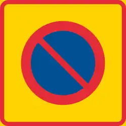 Swedish traffic sign for no parking zone. The red circle with a diagonal line crossing it coveys the idea of "not allowed," and is called an ideogram.