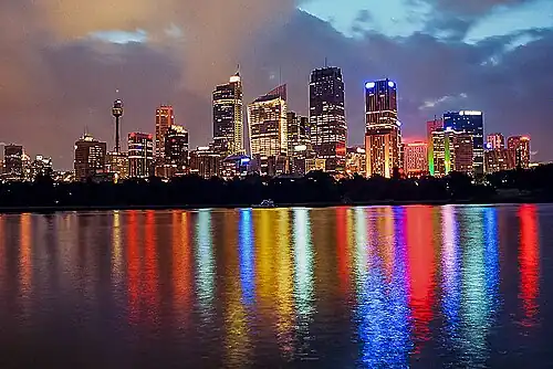 Sydney skyline at and tower at night