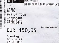 General admission ticket for a show for AC/DC's Power Up Tour in Dresden, Germany, on 16 June 2024. The promoter (United Promoters AG), artist (AC/DC), tour name (PWR UP TOUR), space type ("Inner space" in English), rooms ("Standing room" in English), price (€150.35), date and time of show ("Sunday, 16 June 2024, 5:00 pm") are shown.