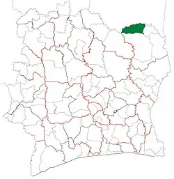 Location in Ivory Coast. Téhini Department has retained the same boundaries since its creation in 2011.