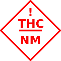 A symbol of a thin red outlined square diamond with an exclamation point inside followed by letters "THC" and "NM"